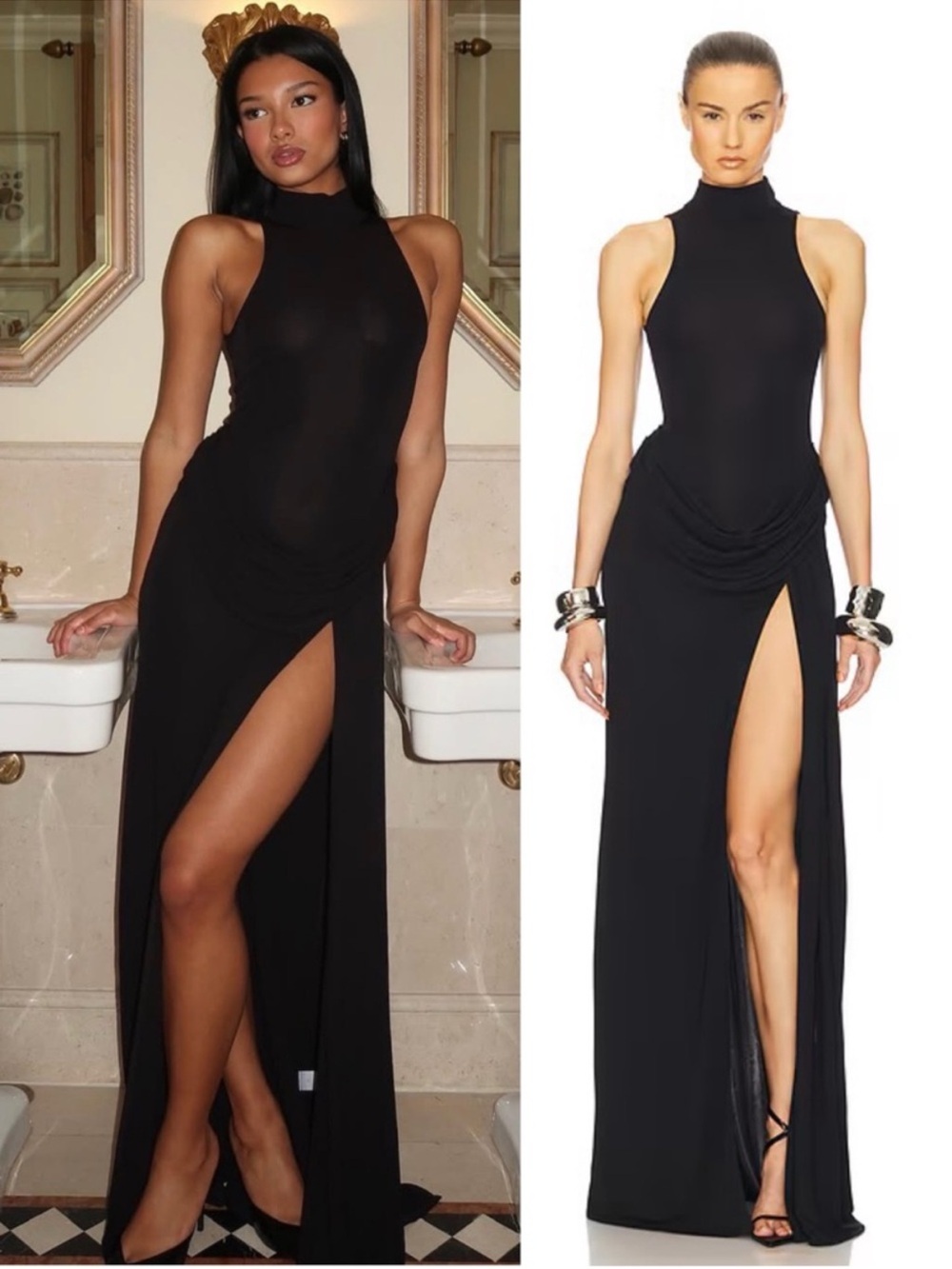 NWT HELSA Ophelia Highneck Sleeveless Ruched Draped Bodycon Black Maxi Dress SzM